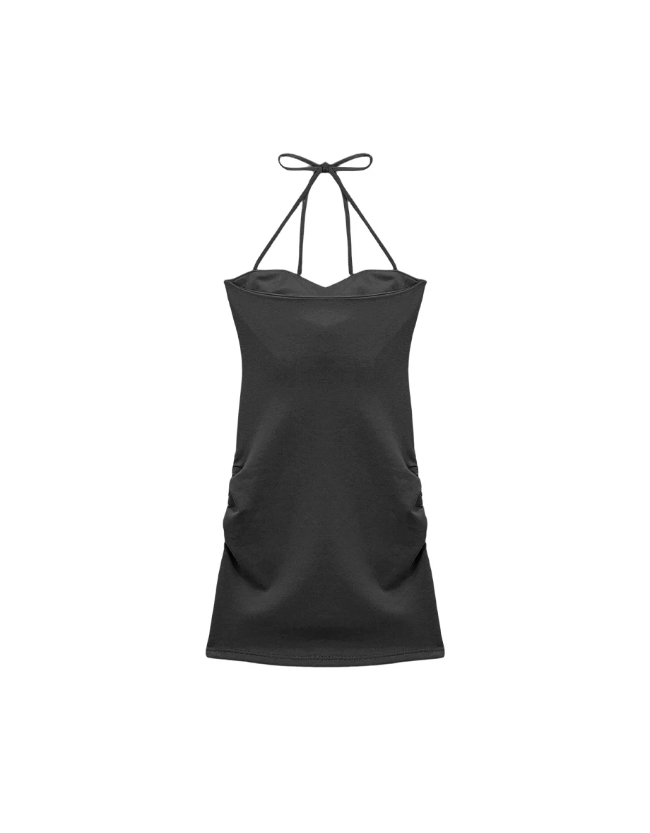 【雲挺曼巴棉】桃心領繞頸綁帶側抓皺合身BRA背心短洋裝