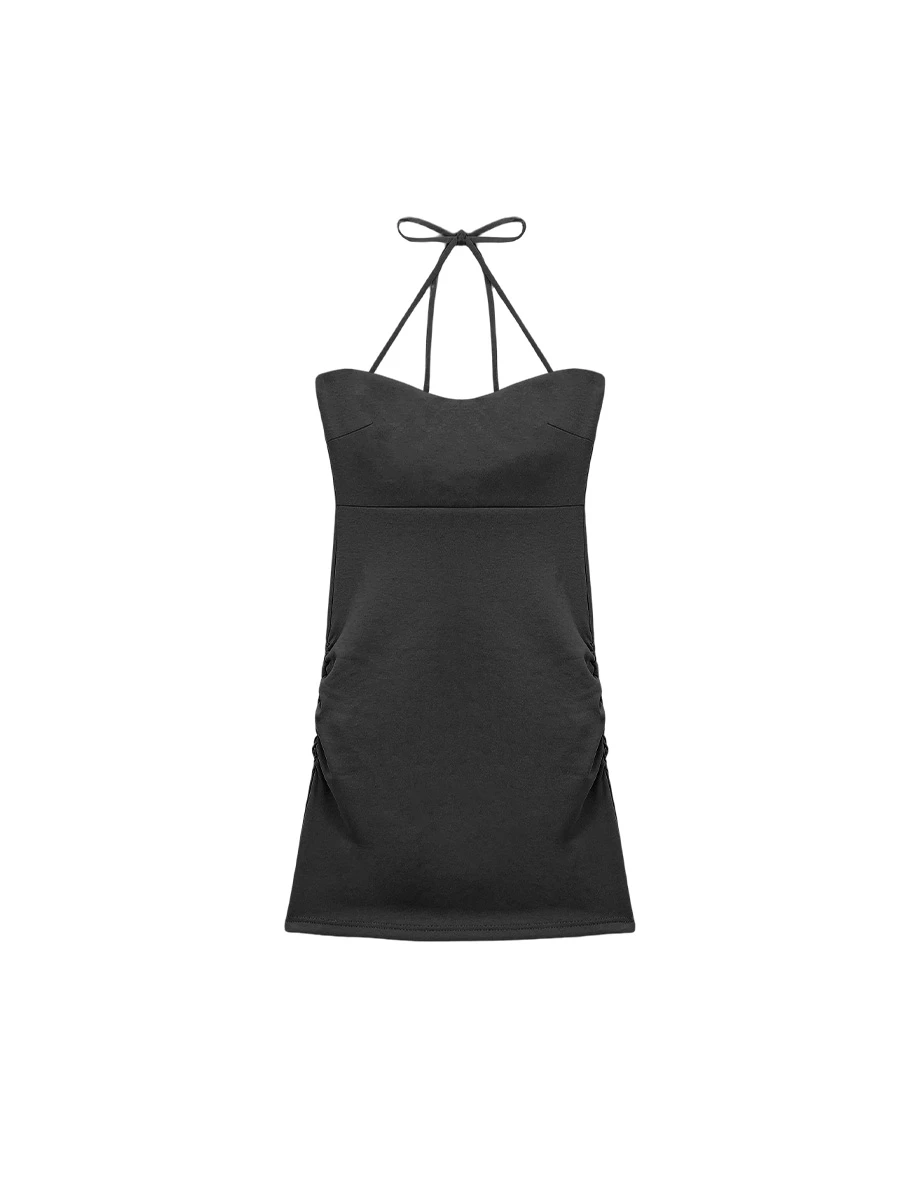 【雲挺曼巴棉】桃心領繞頸綁帶側抓皺合身BRA背心短洋裝