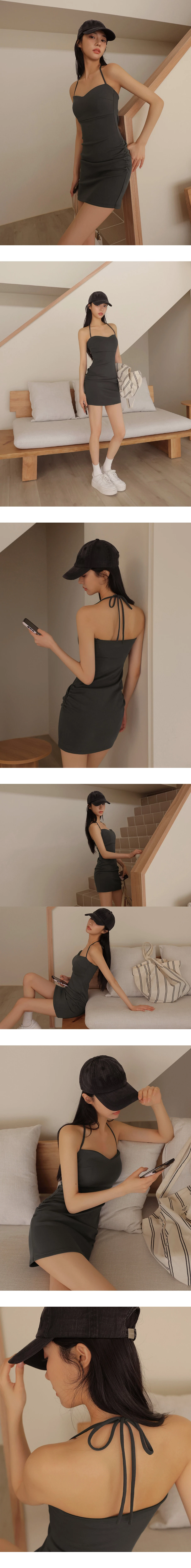 【雲挺曼巴棉】桃心領繞頸綁帶側抓皺合身BRA背心短洋裝