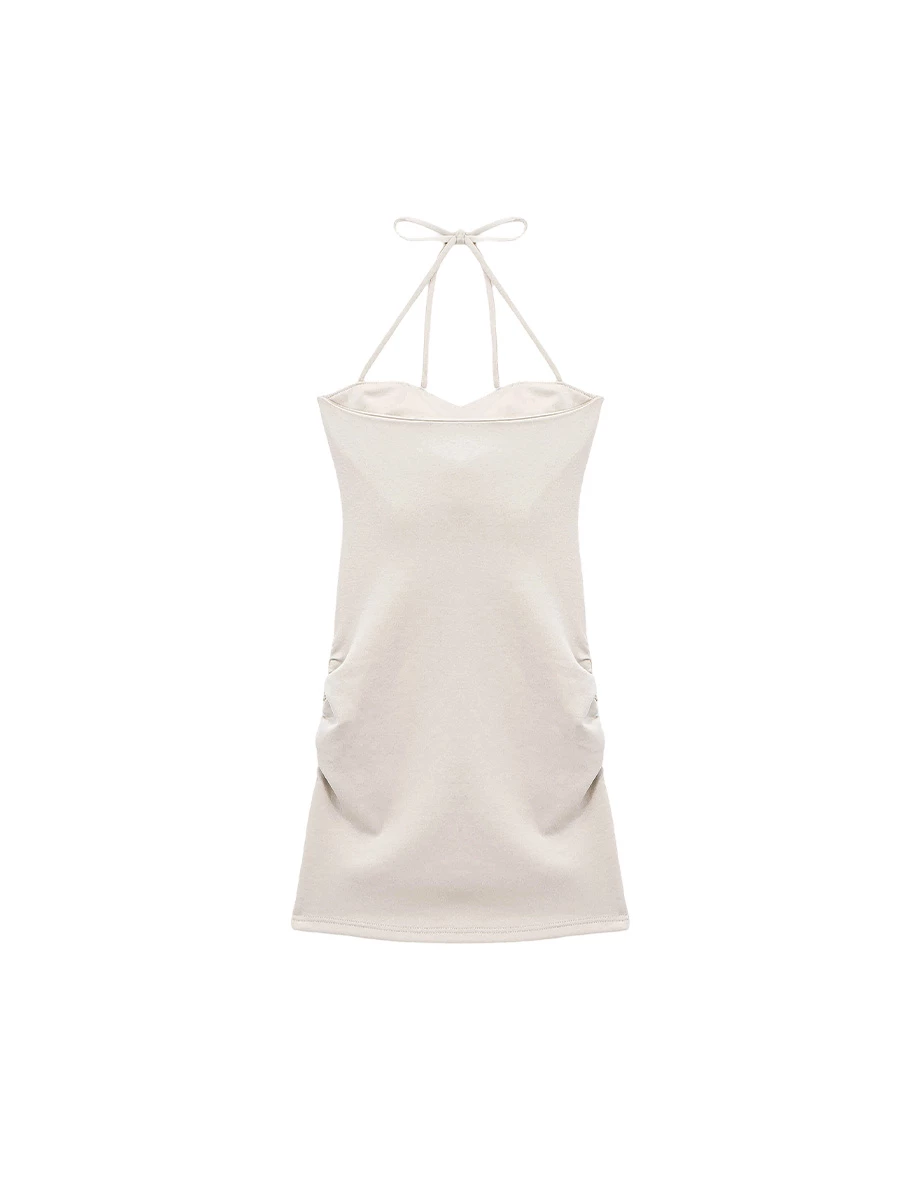 【雲挺曼巴棉】桃心領繞頸綁帶側抓皺合身BRA背心短洋裝