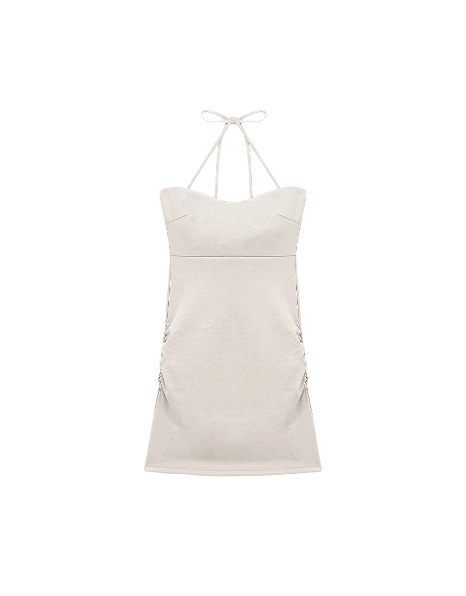 【雲挺曼巴棉】桃心領繞頸綁帶側抓皺合身BRA背心短洋裝