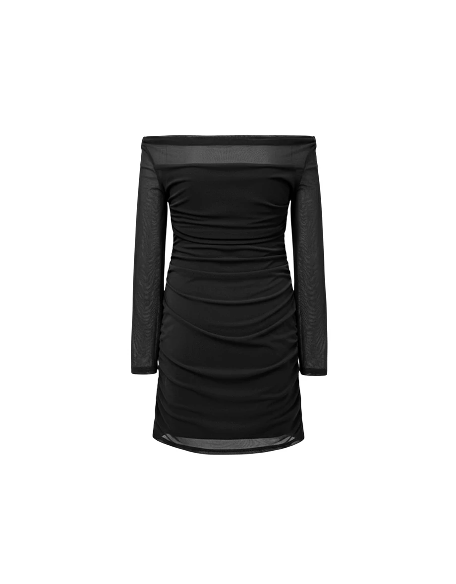 Ruched Mesh Long Sleeve Off Shoulder Fitted Padded Mini Dress