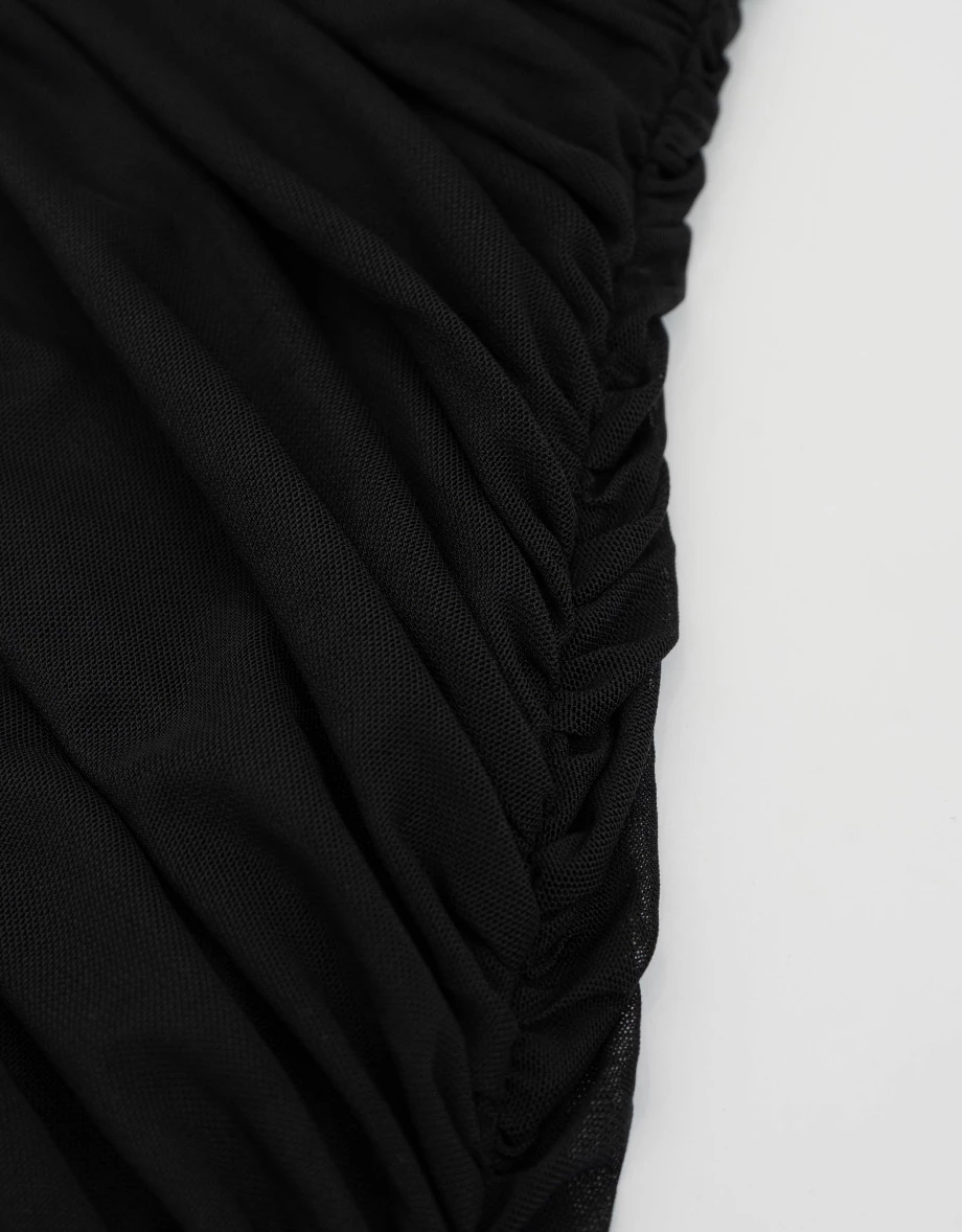 Ruched Mesh Long Sleeve Off Shoulder Fitted Padded Mini Dress