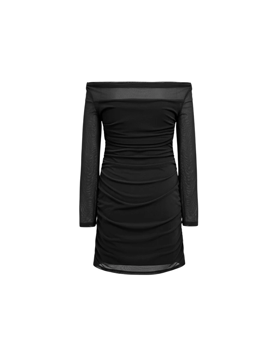 Ruched Mesh Long Sleeve Off Shoulder Fitted Padded Mini Dress