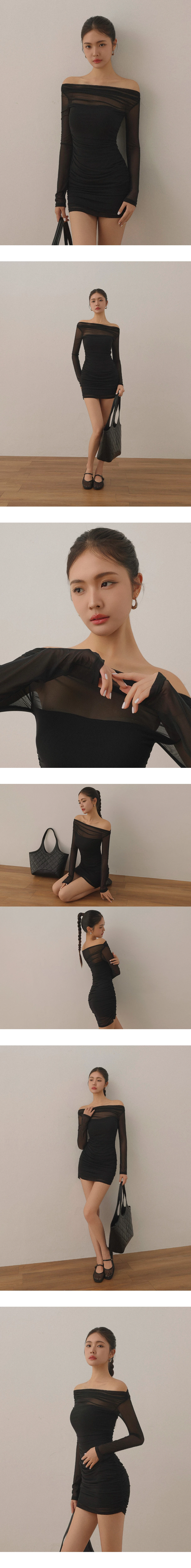 Ruched Mesh Long Sleeve Off Shoulder Fitted Padded Mini Dress