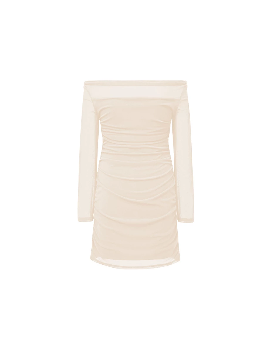 Ruched Mesh Long Sleeve Off Shoulder Fitted Padded Mini Dress