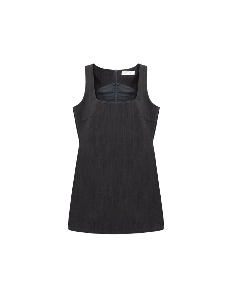 Square Neck Sleeveless Tailored Mini Dress with Side Pockets