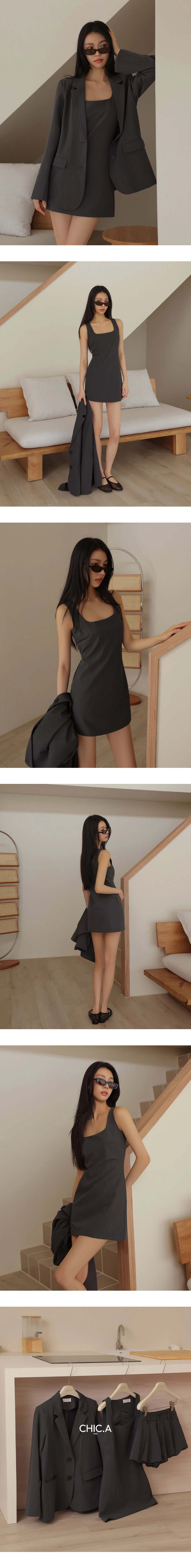 方領寬肩帶合身A字西裝短洋裝