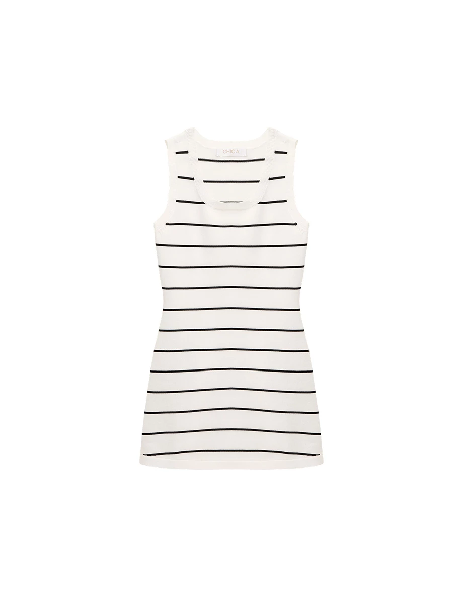 U領撞色條紋背心短洋裝