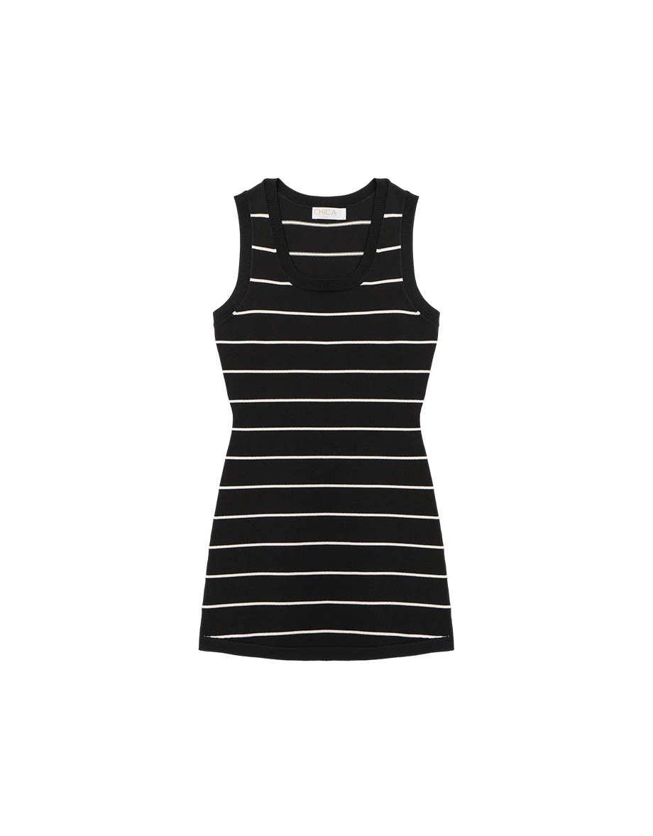 U領撞色條紋背心短洋裝