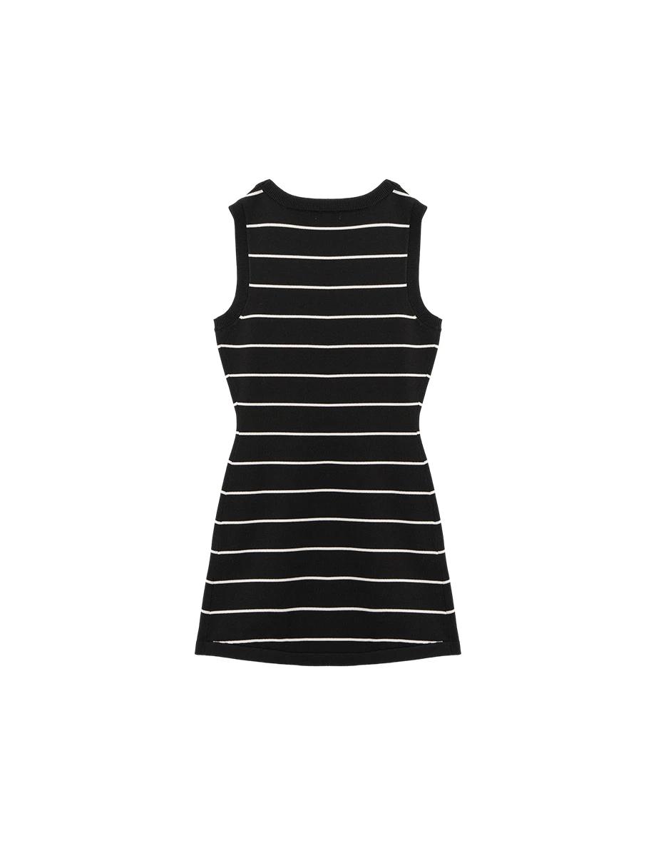 U領撞色條紋背心短洋裝