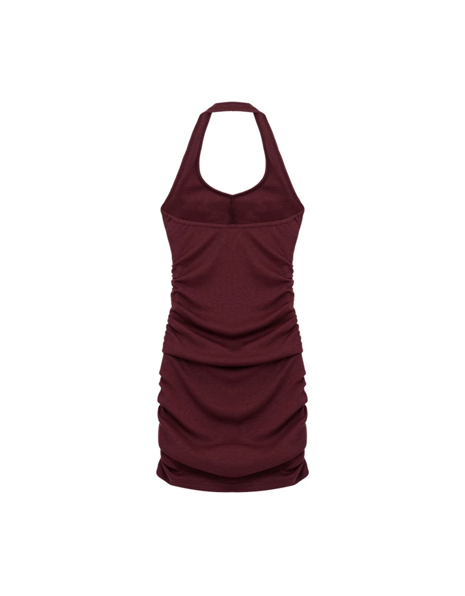 【奶油柔感棉】V領繞頸抓皺合身BRA背心短洋裝