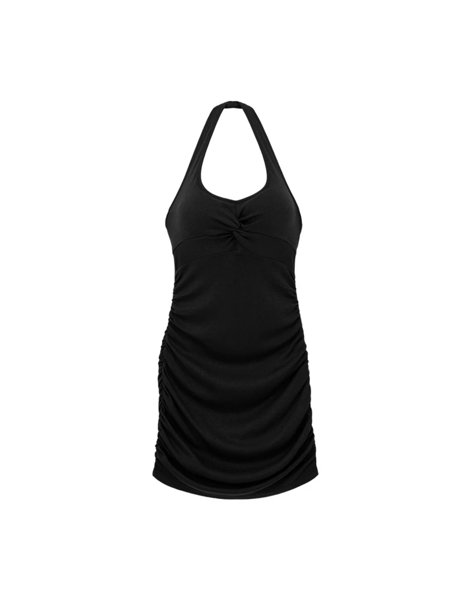 【奶油柔感棉】V領繞頸抓皺合身BRA背心短洋裝