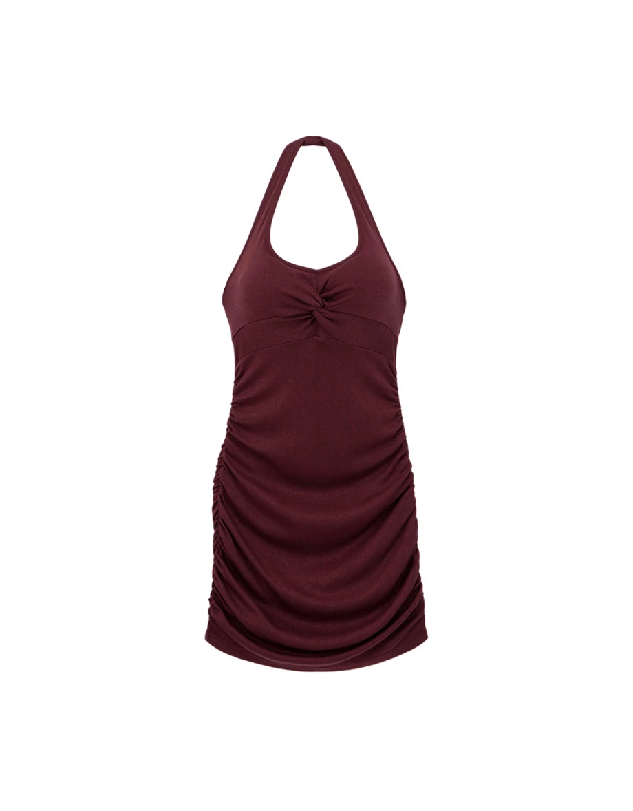 【奶油柔感棉】V領繞頸抓皺合身BRA背心短洋裝