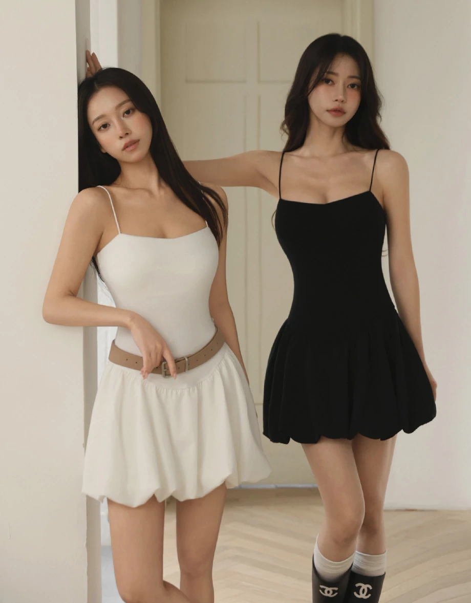 微V領V型腰線細肩帶羅紋花苞短洋裝(附胸墊)