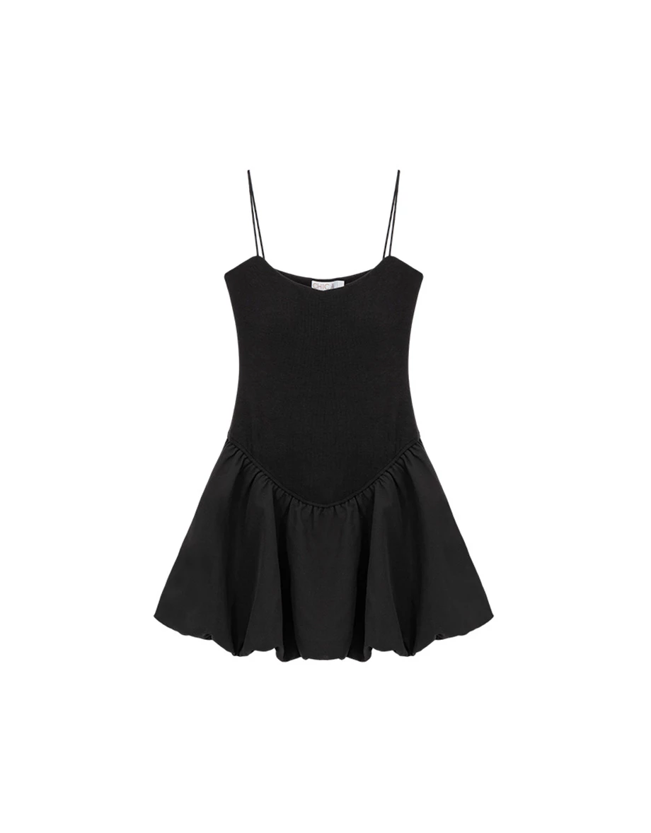 微V領V型腰線細肩帶羅紋花苞短洋裝(附胸墊)