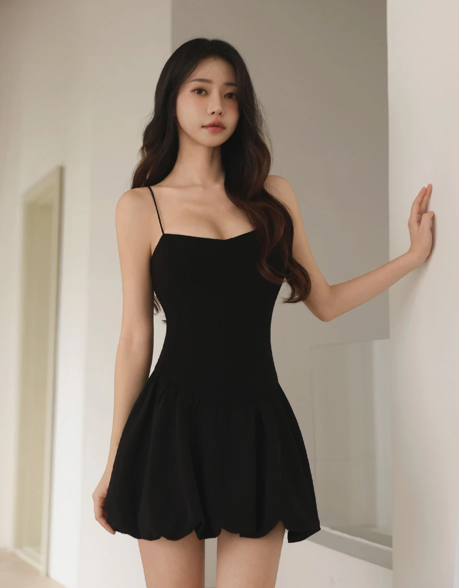 微V領V型腰線細肩帶羅紋花苞短洋裝(附胸墊)