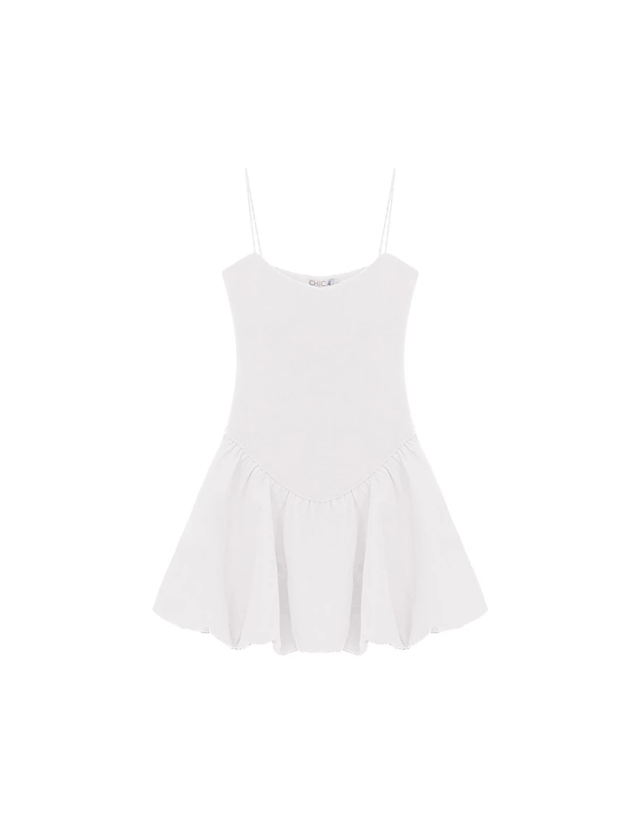 微V領V型腰線細肩帶羅紋花苞短洋裝(附胸墊)