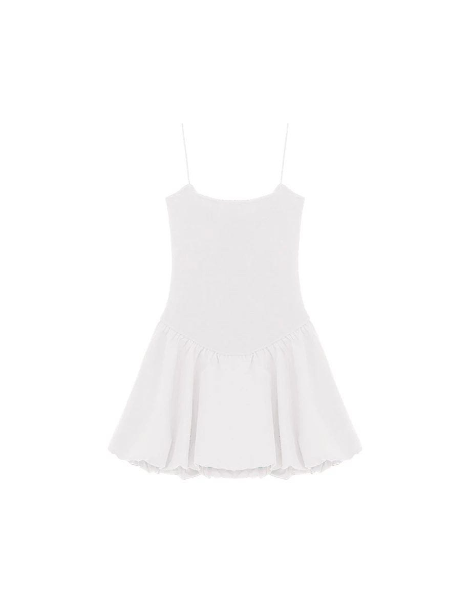 微V領V型腰線細肩帶羅紋花苞短洋裝(附胸墊)