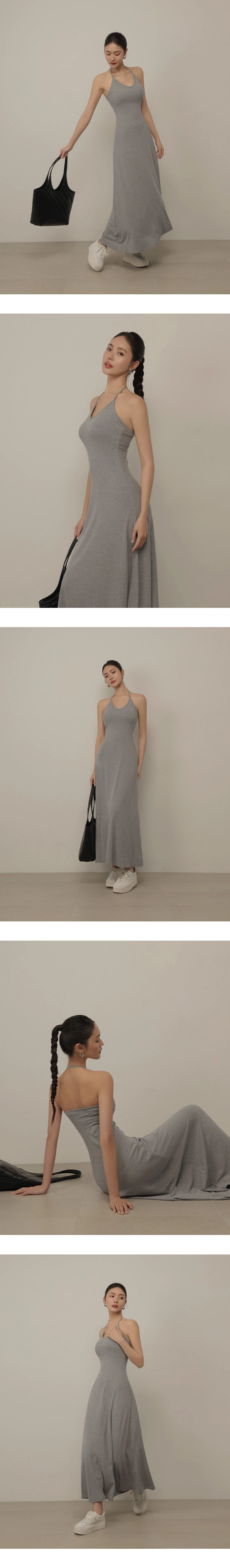 圓V領繞頸肩帶合身傘擺BRA長洋裝
