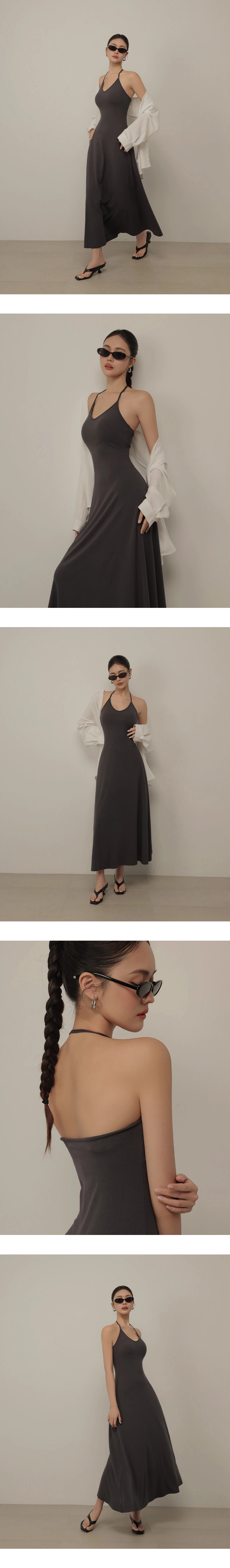 圓V領繞頸肩帶合身傘擺BRA長洋裝