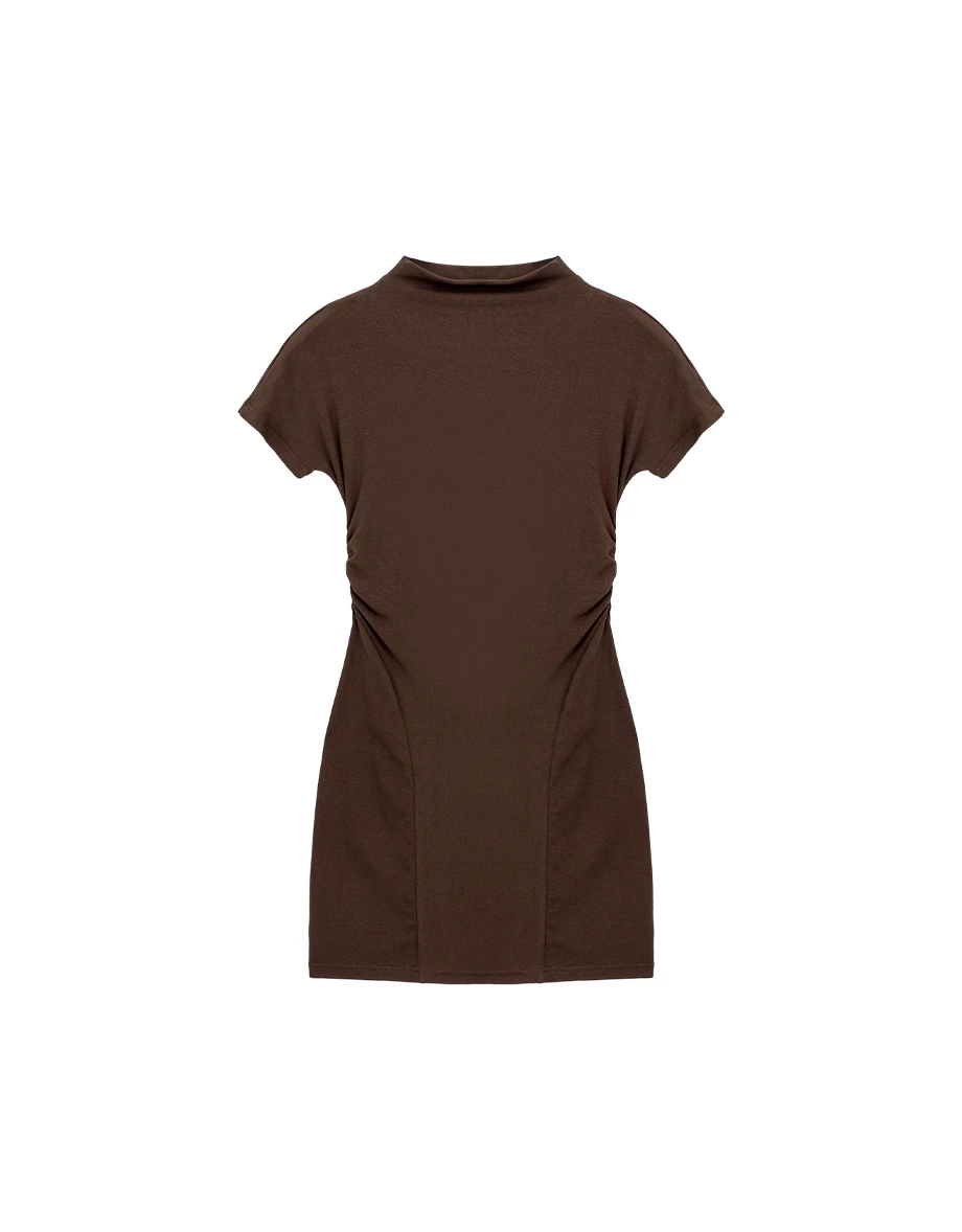 立領短袖側抓皺曲線拼接合身短洋裝