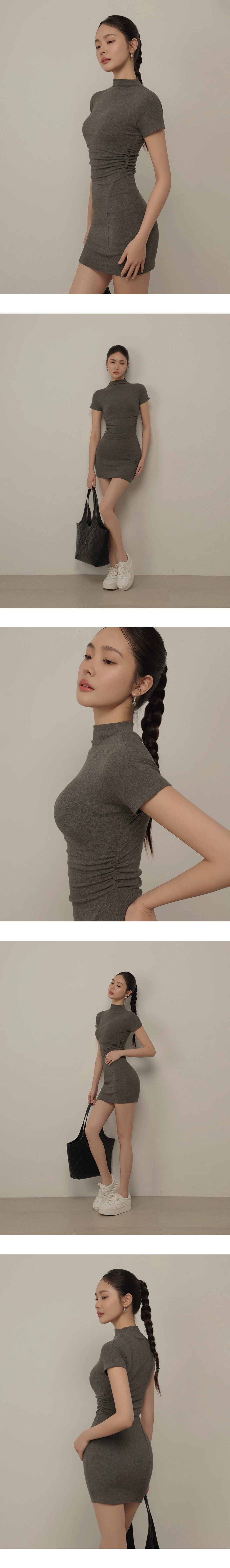 立領短袖側抓皺曲線拼接合身短洋裝