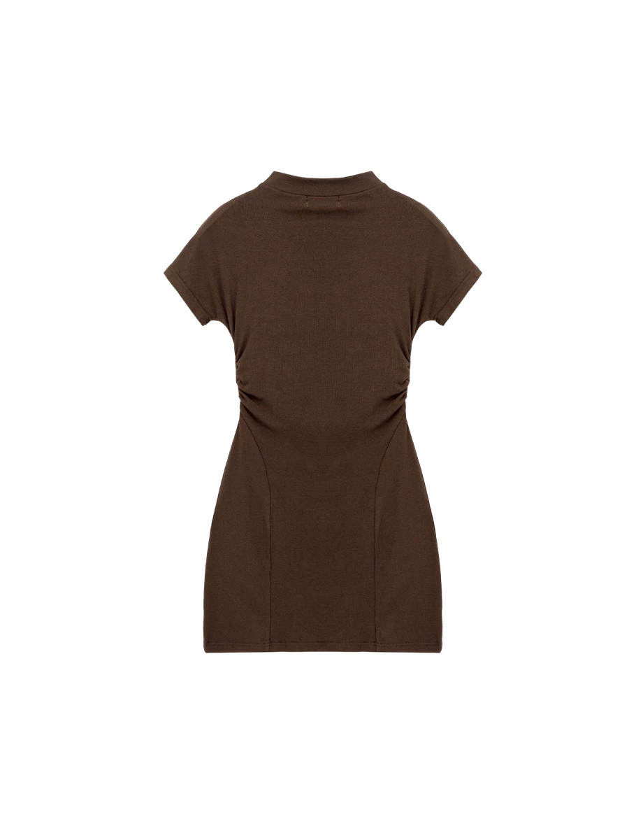 立領短袖側抓皺曲線拼接合身短洋裝