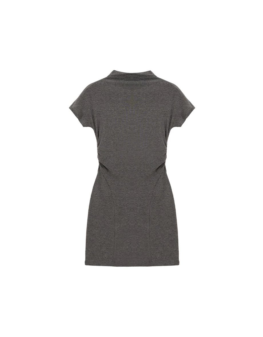 立領短袖側抓皺曲線拼接合身短洋裝