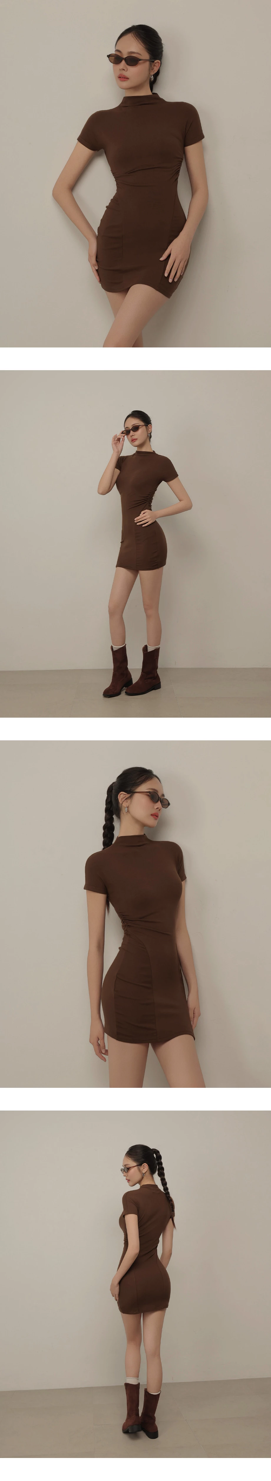 立領短袖側抓皺曲線拼接合身短洋裝