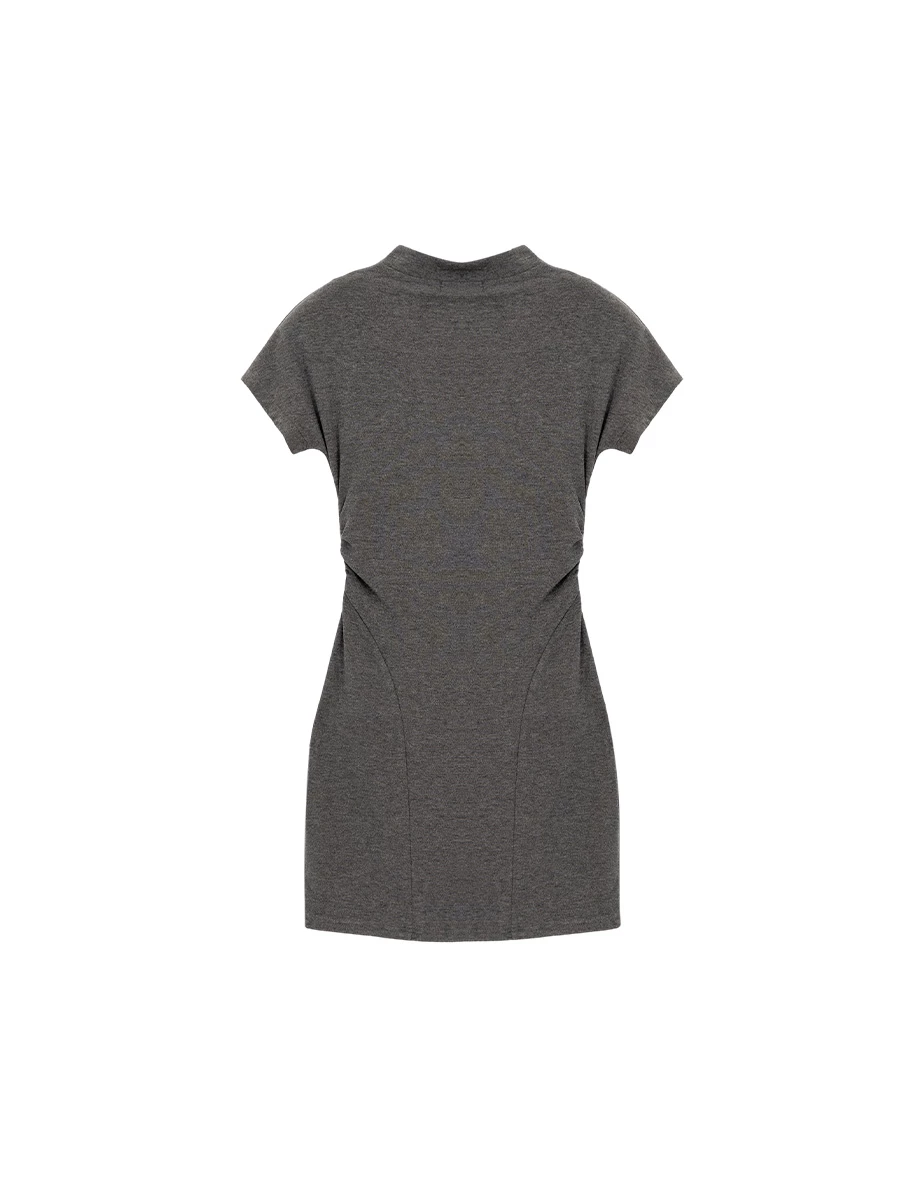 立領短袖側抓皺曲線拼接合身短洋裝