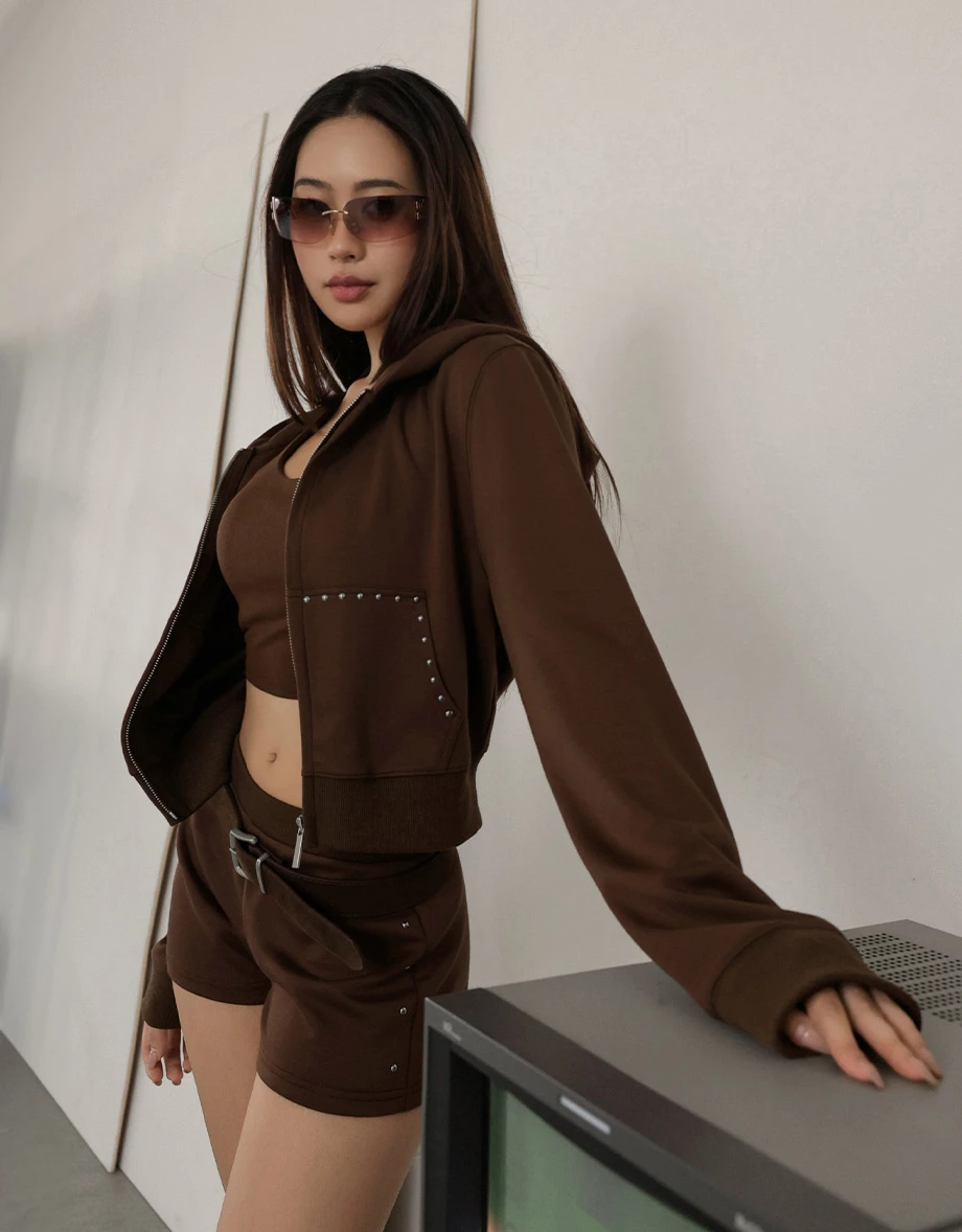 Studded Trim Long Sleeve Cropped Zip Up Hoodie Jacket