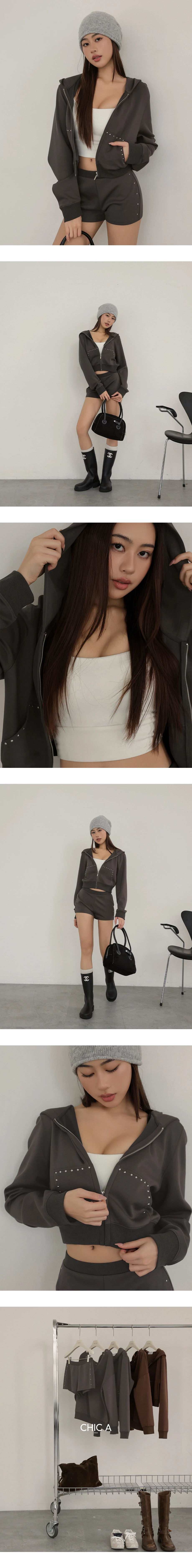 Studded Trim Long Sleeve Cropped Zip Up Hoodie Jacket Studded Trim Long Sleeve Cropped Zip Up Hoodie Jacket