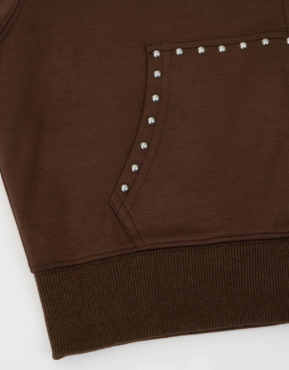 Studded Trim Long Sleeve Cropped Zip Up Hoodie Jacket