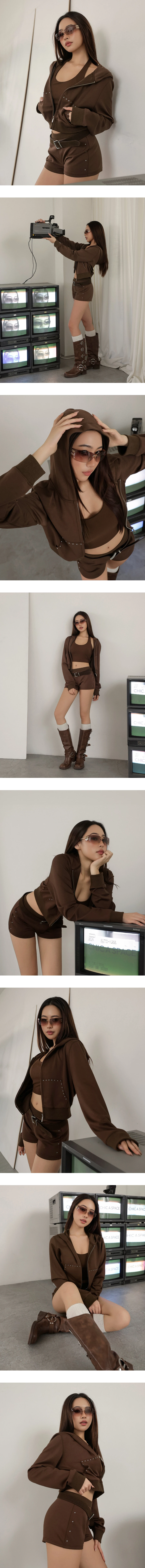 Studded Trim Long Sleeve Cropped Zip Up Hoodie Jacket