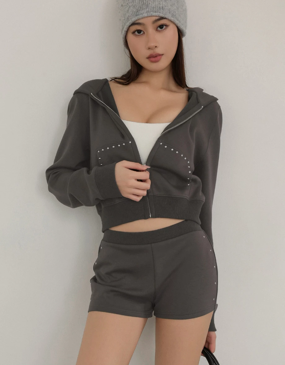Studded Trim Long Sleeve Cropped Zip Up Hoodie Jacket