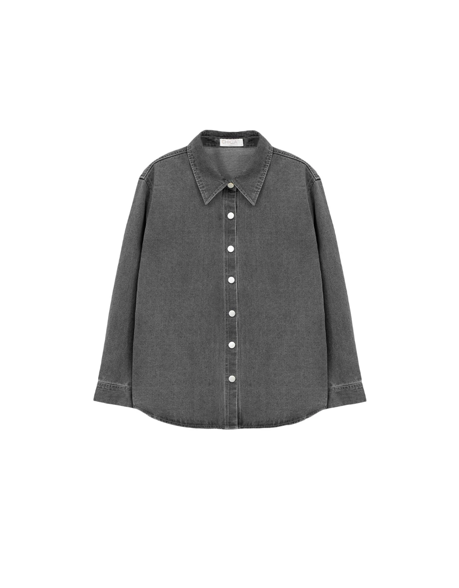 Metal Snap Button Washed Denim Longline Shirt Jacket Metal Snap Button Washed Denim Longline Shirt Jacket