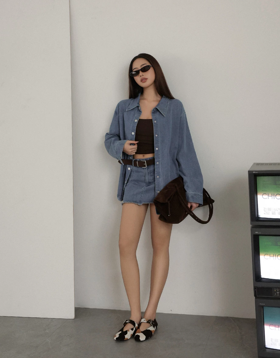 Metal Snap Button Washed Denim Longline Shirt Jacket