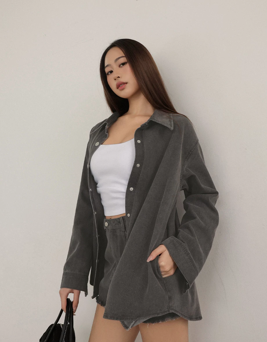 Metal Snap Button Washed Denim Longline Shirt Jacket