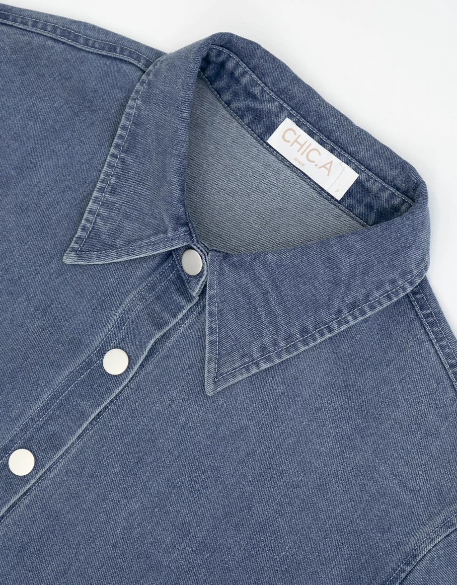 Metal Snap Button Washed Denim Longline Shirt Jacket Metal Snap Button Washed Denim Longline Shirt Jacket