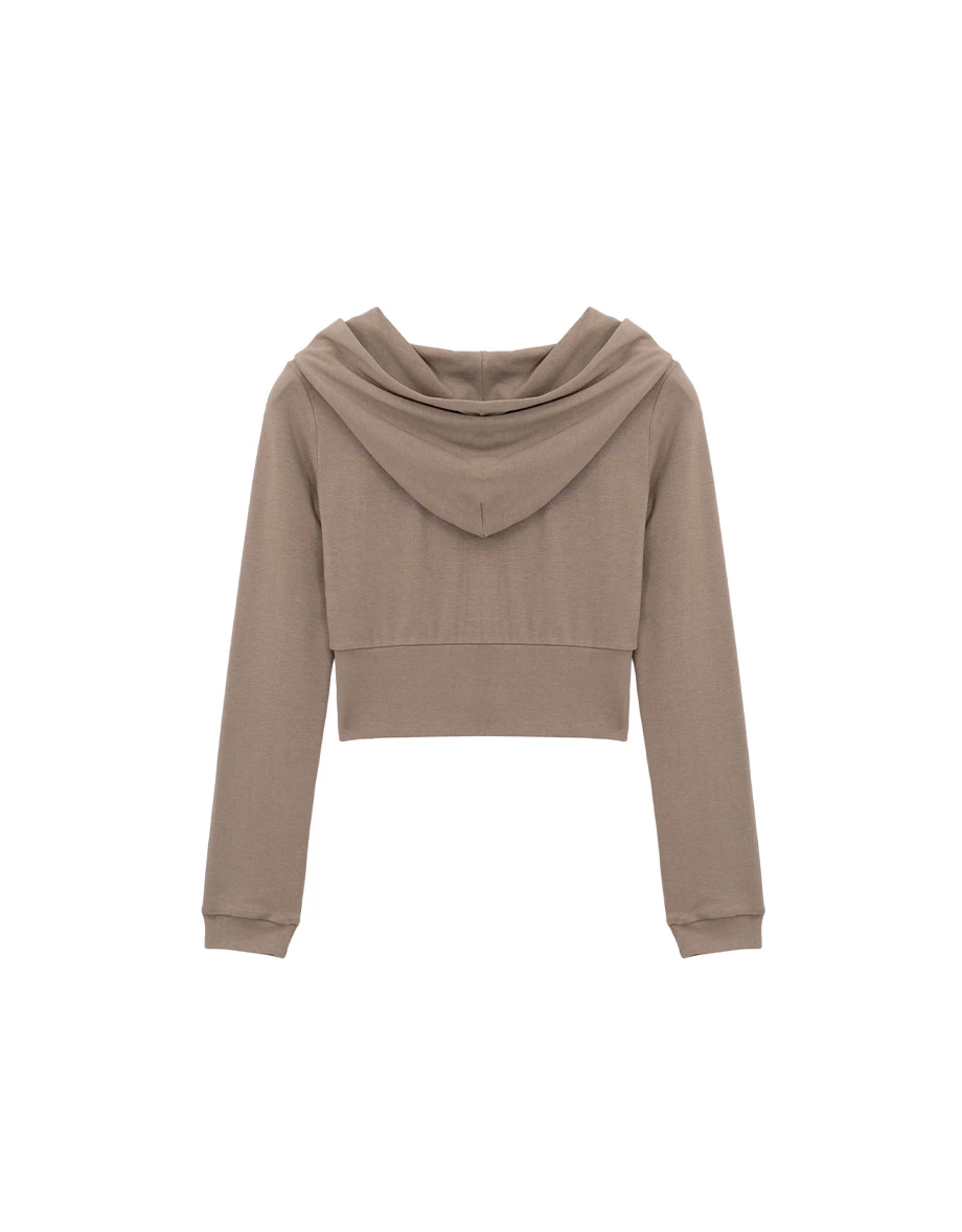 拼接收腰設計長袖短版莫代爾連帽拉鍊外套