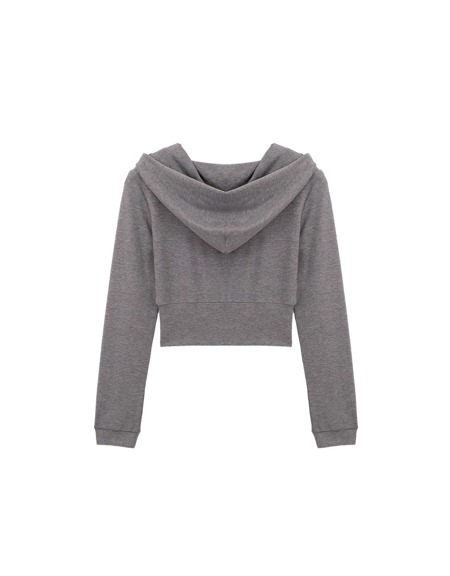 拼接收腰設計長袖短版莫代爾連帽拉鍊外套