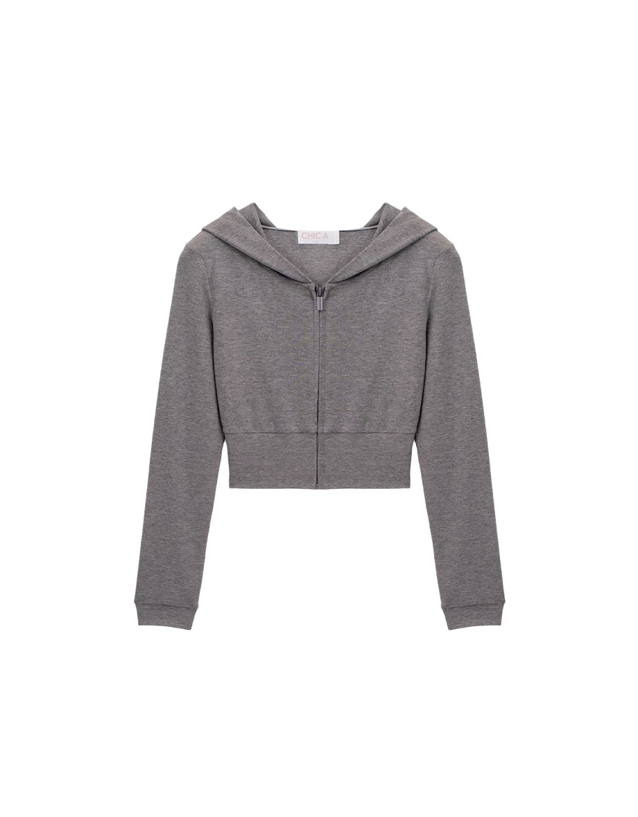 拼接收腰設計長袖短版莫代爾連帽拉鍊外套