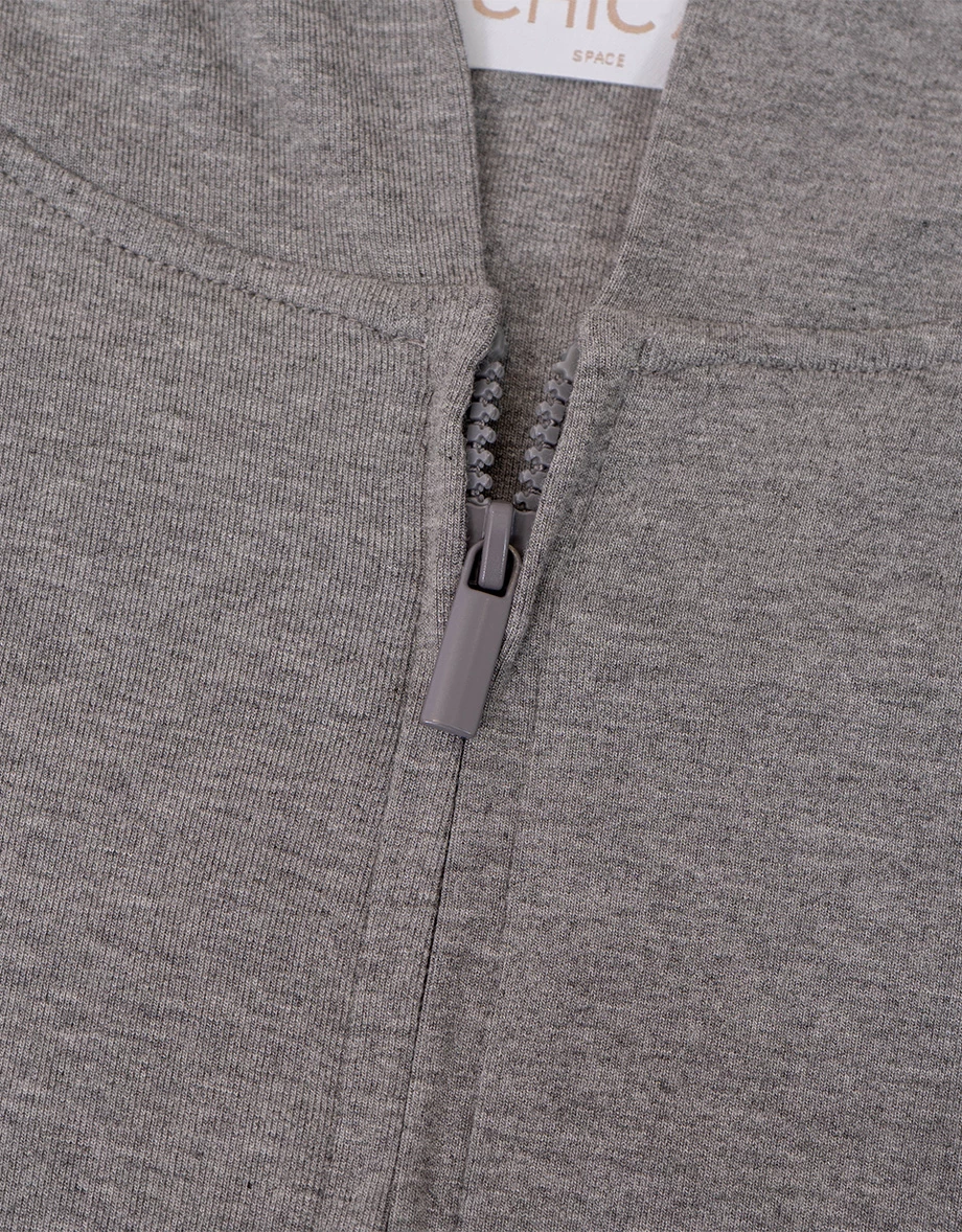 拼接收腰設計長袖短版莫代爾連帽拉鍊外套