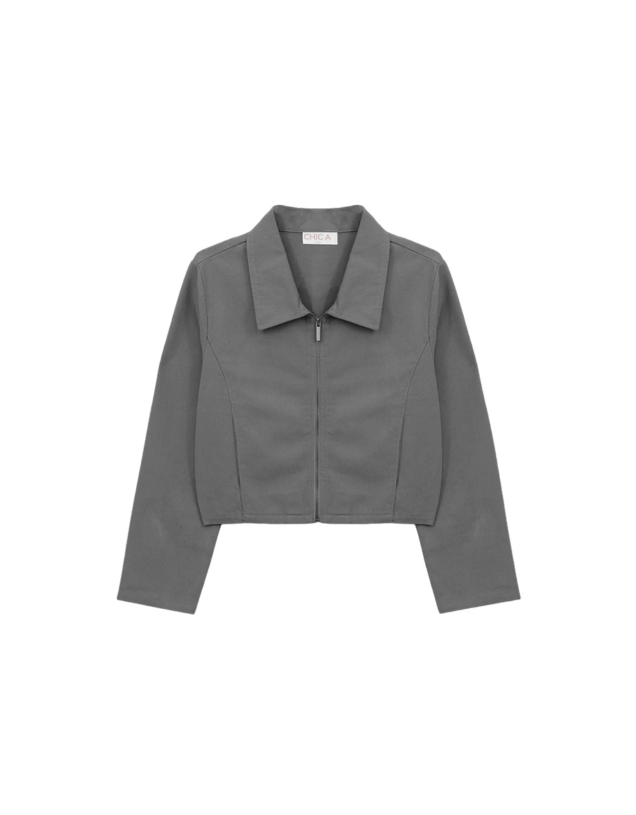 Long Sleeve Collared Zip Up Cropped Twill Jacket