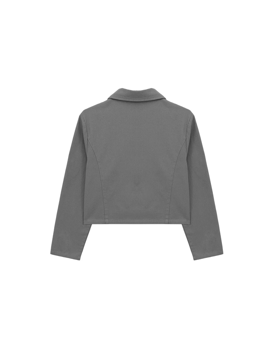 Long Sleeve Collared Zip Up Cropped Twill Jacket