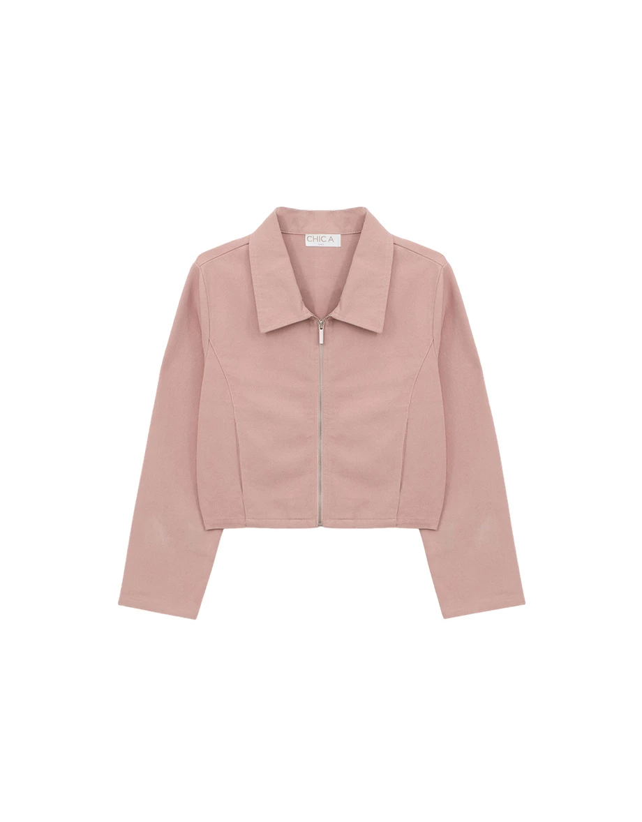 Long Sleeve Collared Zip Up Cropped Twill Jacket