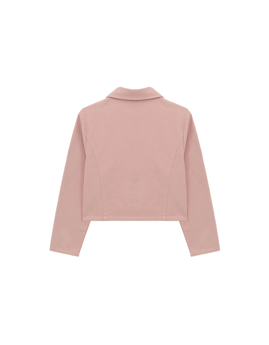 Long Sleeve Collared Zip Up Cropped Twill Jacket