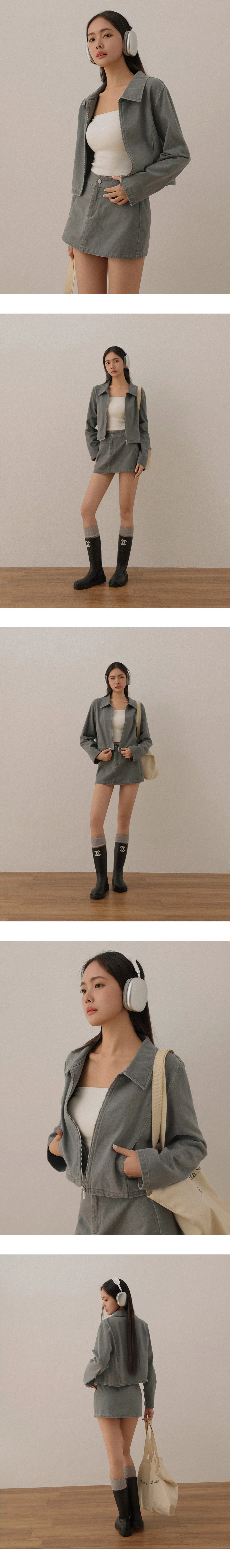 Long Sleeve Collared Zip Up Cropped Twill Jacket