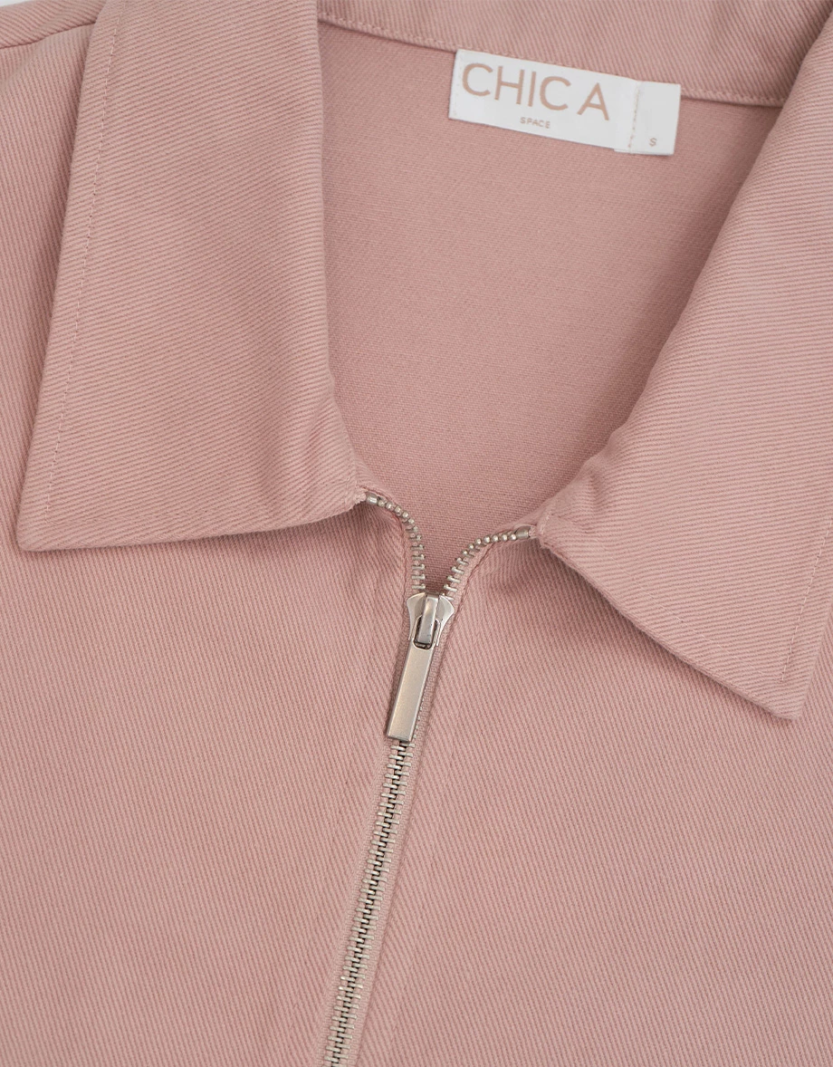 Long Sleeve Collared Zip Up Cropped Twill Jacket